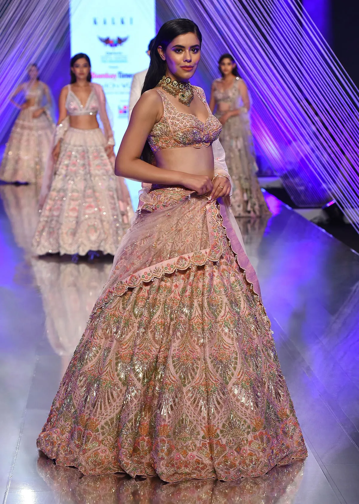 Light Pink Lehenga Choli With Multi Colored 3D Embroidered Kalis In Floral And Scallop Motifs