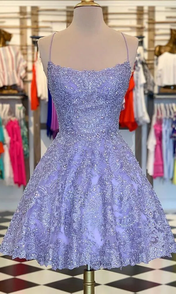 Lilac Lace Beaded A-line Spaghetti Straps Short Homecoming Dresses, MH529