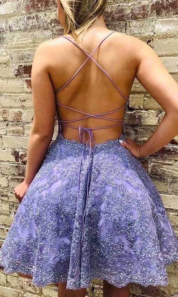 Lilac Lace Beaded A-line Spaghetti Straps Short Homecoming Dresses, MH529