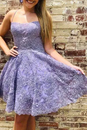 Lilac Lace Beaded A-line Spaghetti Straps Short Homecoming Dresses, MH529