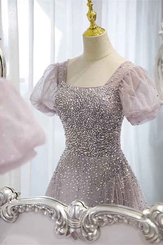 Lilac Tulle A-line Beaded Short Sleeves Prom Dress