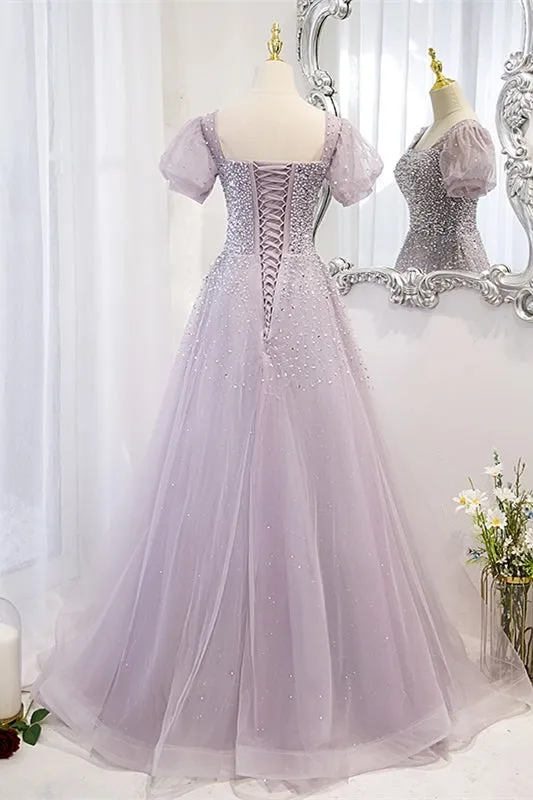 Lilac Tulle A-line Beaded Short Sleeves Prom Dress