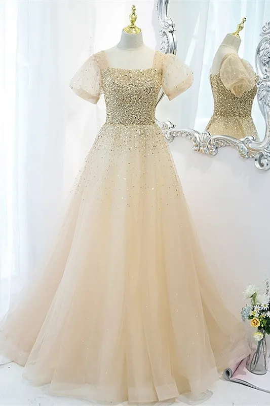 Lilac Tulle A-line Beaded Short Sleeves Prom Dress