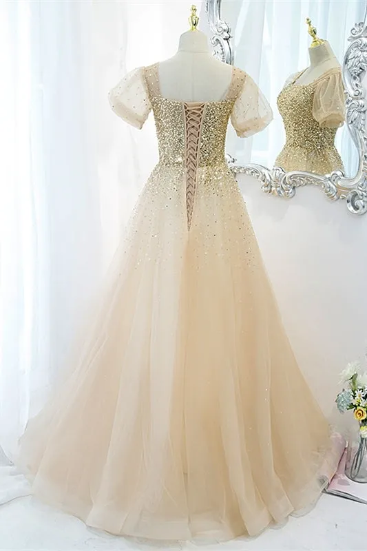 Lilac Tulle A-line Beaded Short Sleeves Prom Dress