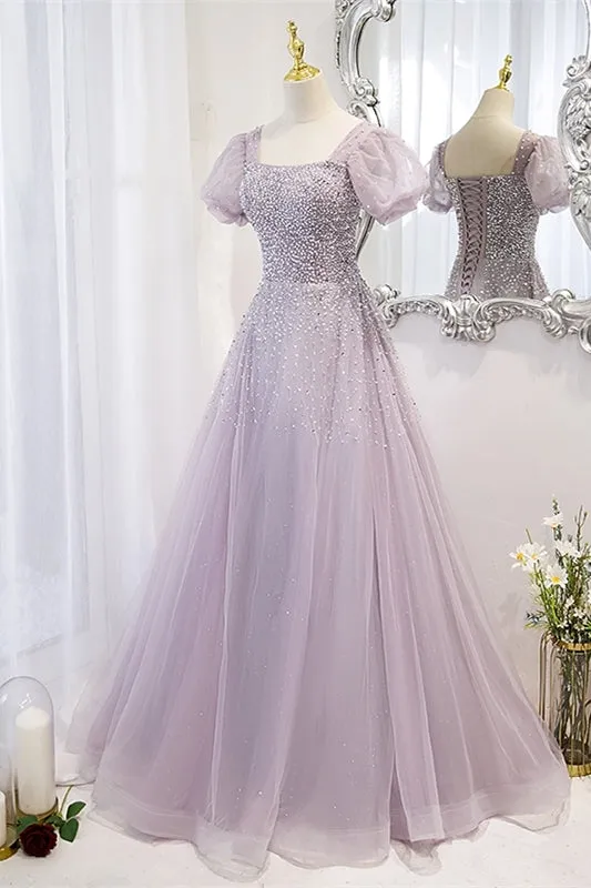 Lilac Tulle A-line Beaded Short Sleeves Prom Dress