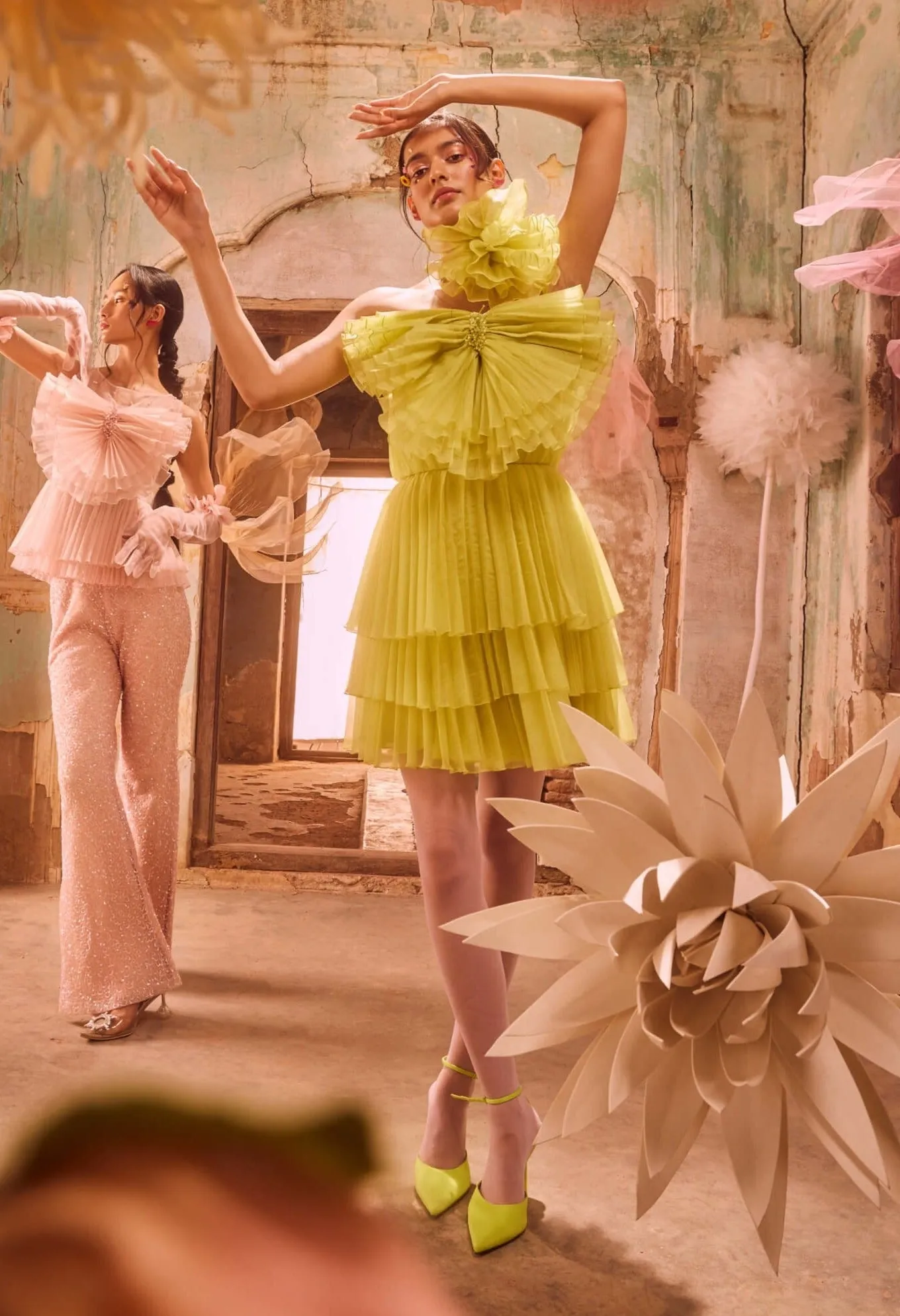 Lime green draped cabbage dress