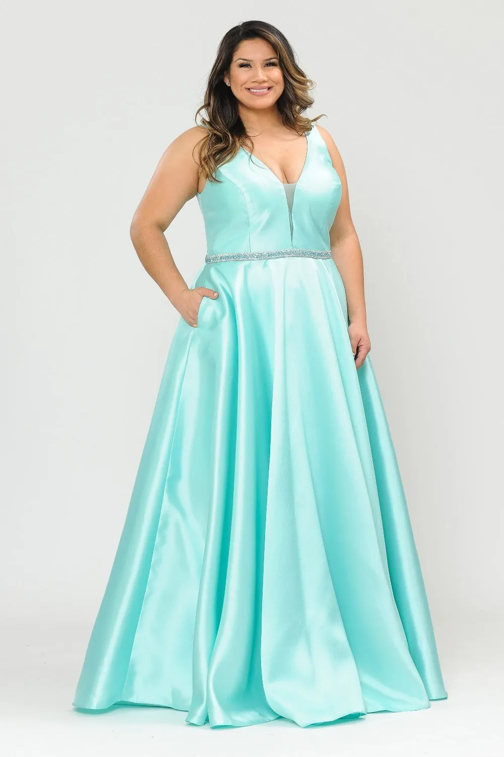 Lindas W1108 V-Neck Sleeveless Formal Dress Rhinestone Waist with Pockets