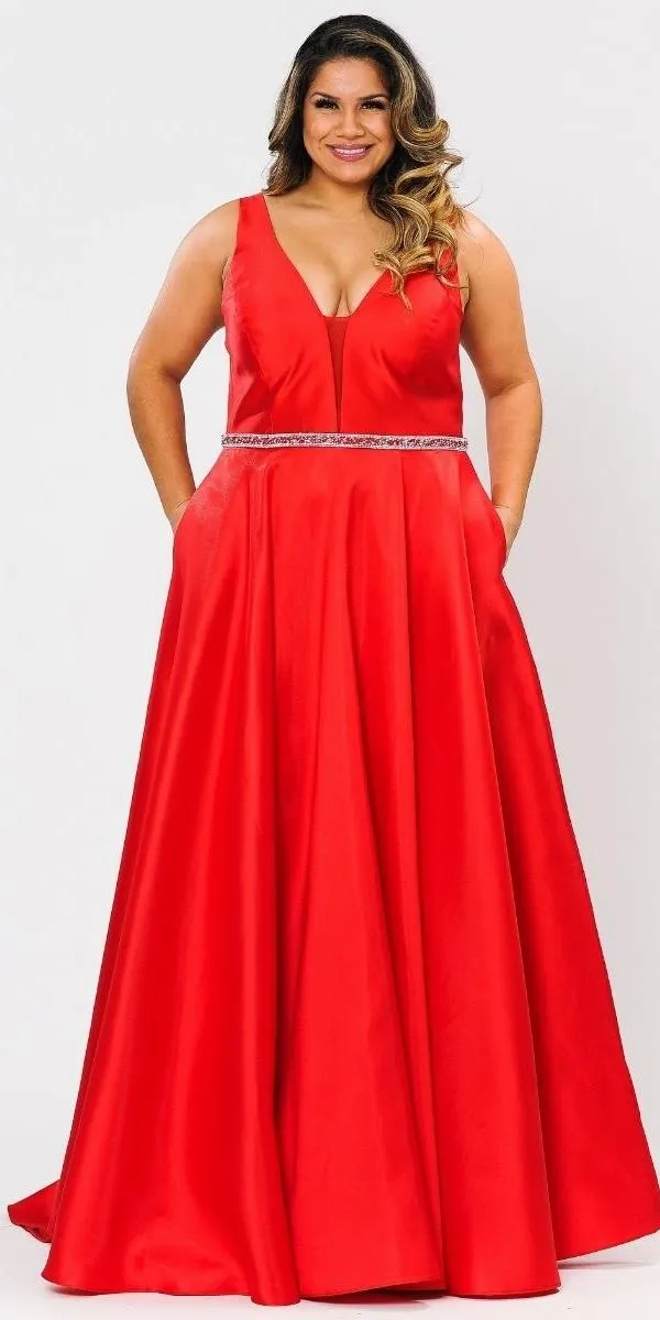 Lindas W1108 V-Neck Sleeveless Formal Dress Rhinestone Waist with Pockets