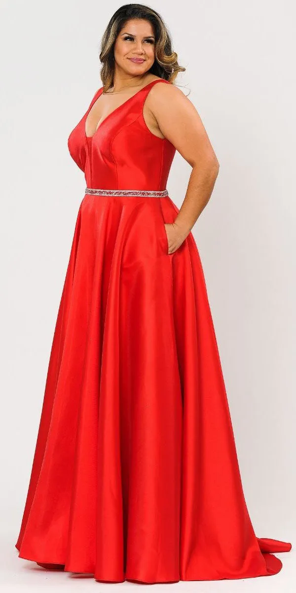 Lindas W1108 V-Neck Sleeveless Formal Dress Rhinestone Waist with Pockets