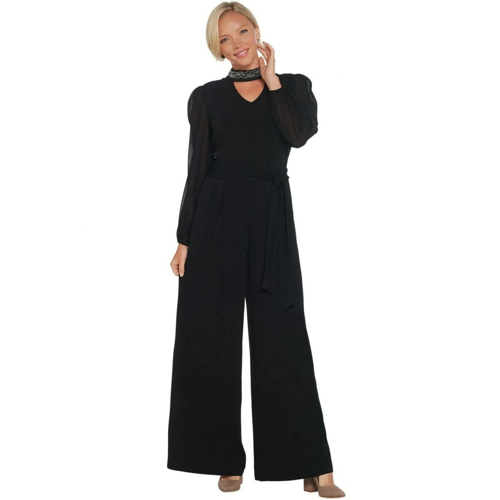 Lisa Rinna Collection Sheer Sleeve Full Length Jumpsuit Black XL