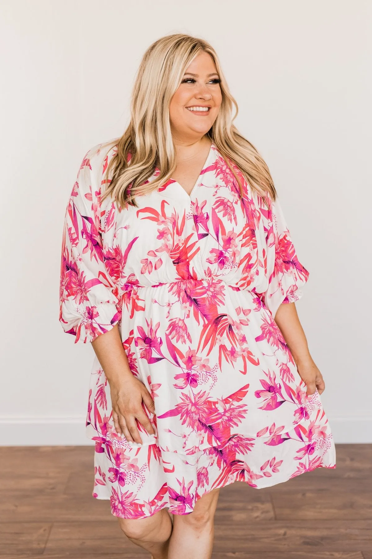 Live To Travel Floral V-Neck Dress- Ivory & Fuchsia