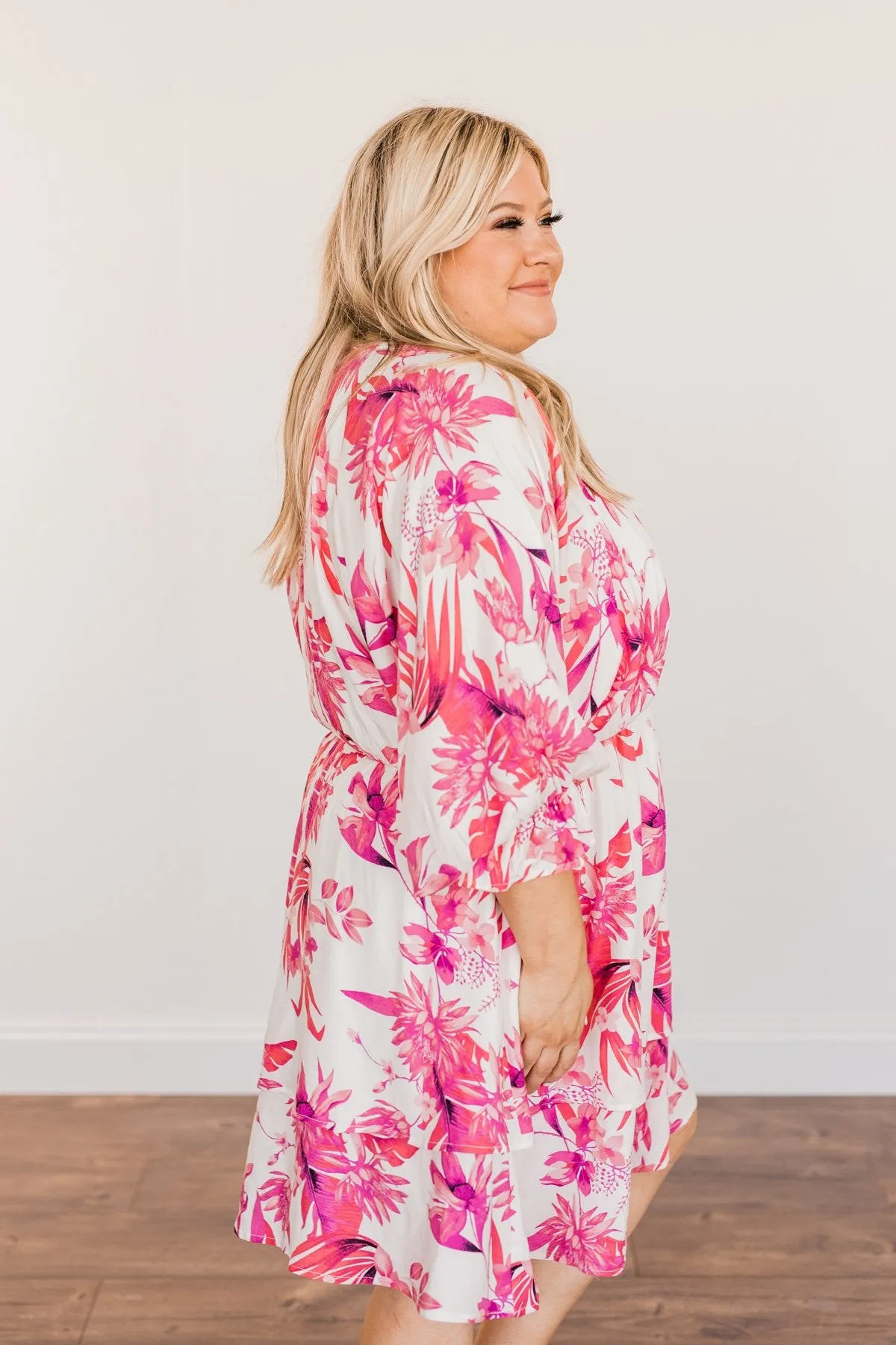 Live To Travel Floral V-Neck Dress- Ivory & Fuchsia