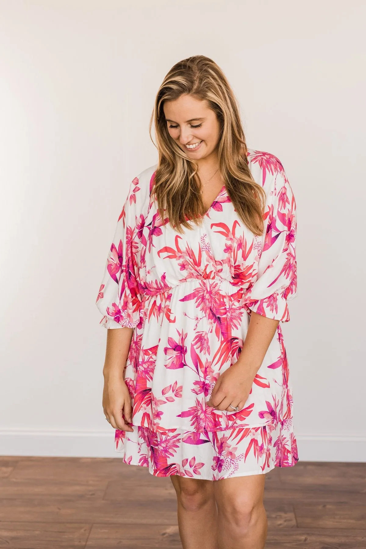 Live To Travel Floral V-Neck Dress- Ivory & Fuchsia