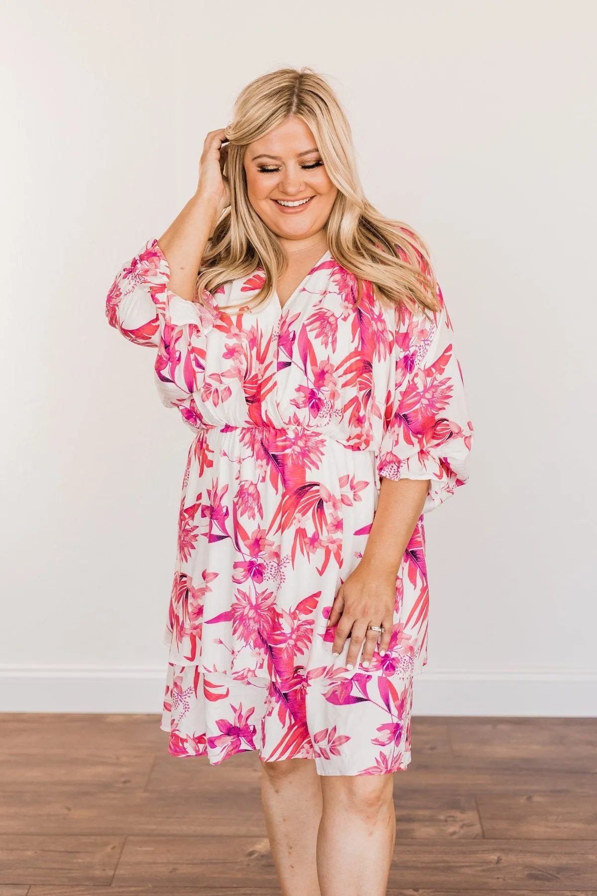 Live To Travel Floral V-Neck Dress- Ivory & Fuchsia