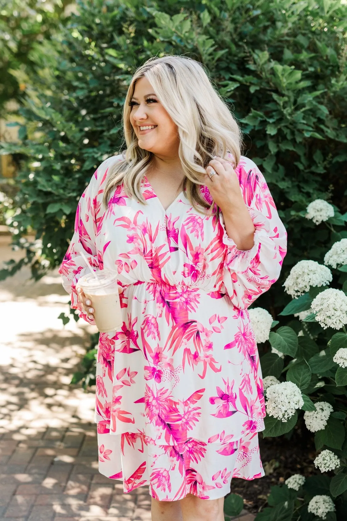 Live To Travel Floral V-Neck Dress- Ivory & Fuchsia