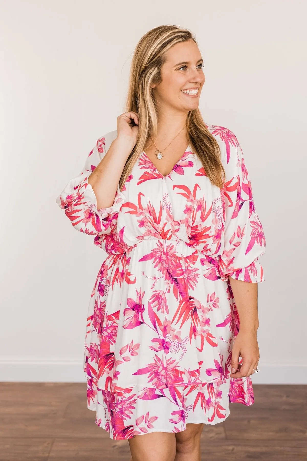 Live To Travel Floral V-Neck Dress- Ivory & Fuchsia
