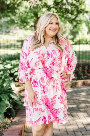 Live To Travel Floral V-Neck Dress- Ivory & Fuchsia