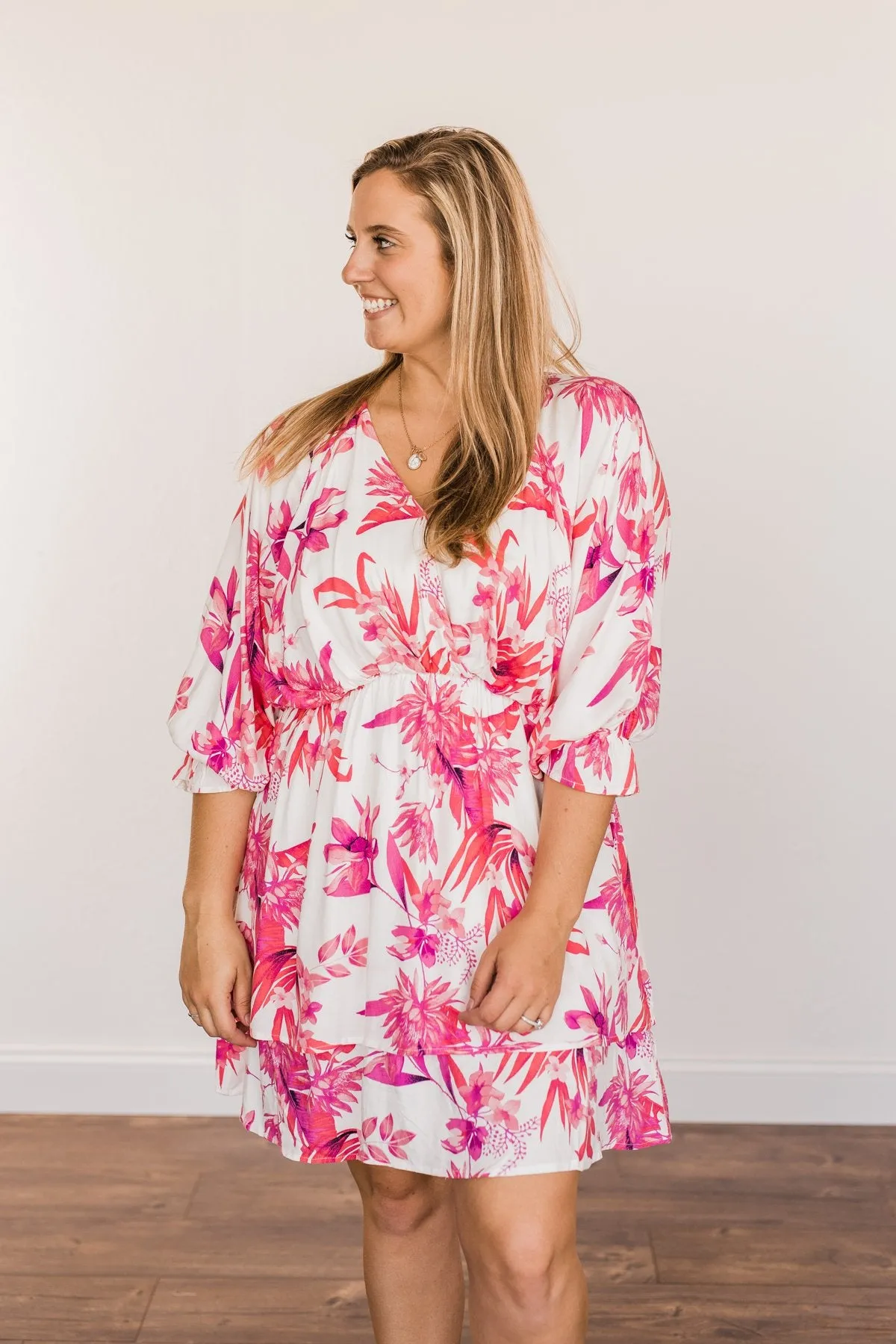Live To Travel Floral V-Neck Dress- Ivory & Fuchsia