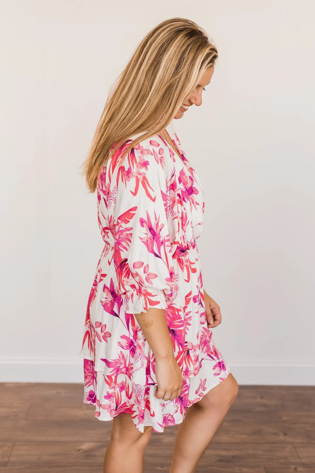 Live To Travel Floral V-Neck Dress- Ivory & Fuchsia