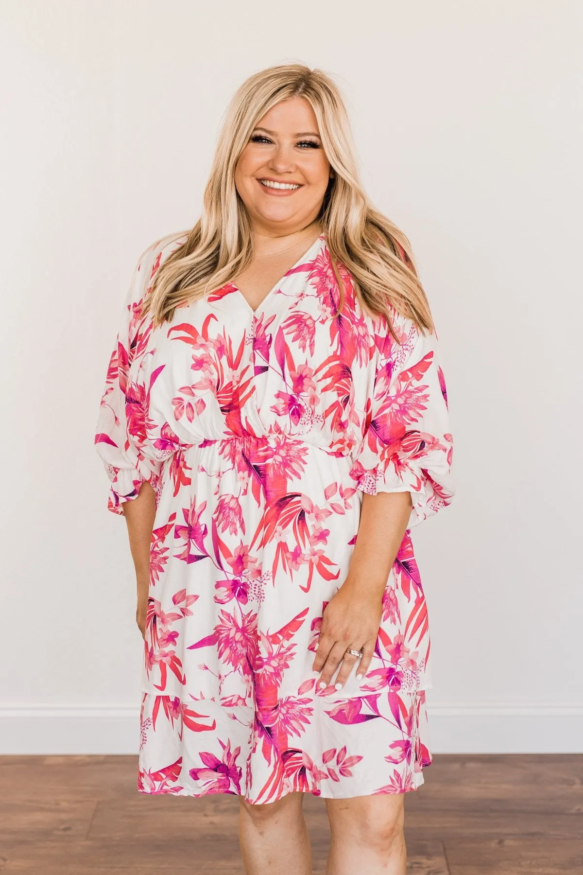 Live To Travel Floral V-Neck Dress- Ivory & Fuchsia