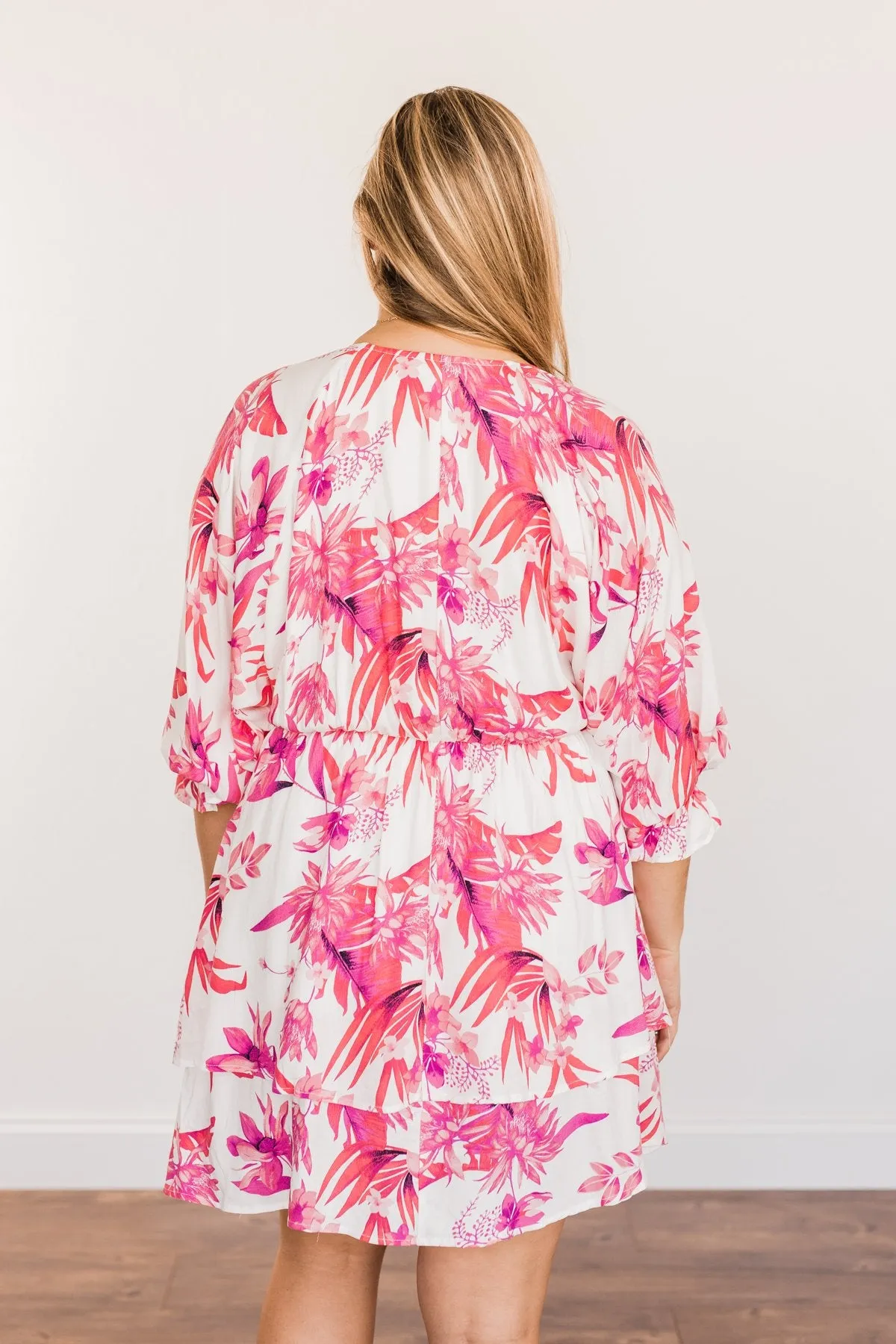 Live To Travel Floral V-Neck Dress- Ivory & Fuchsia