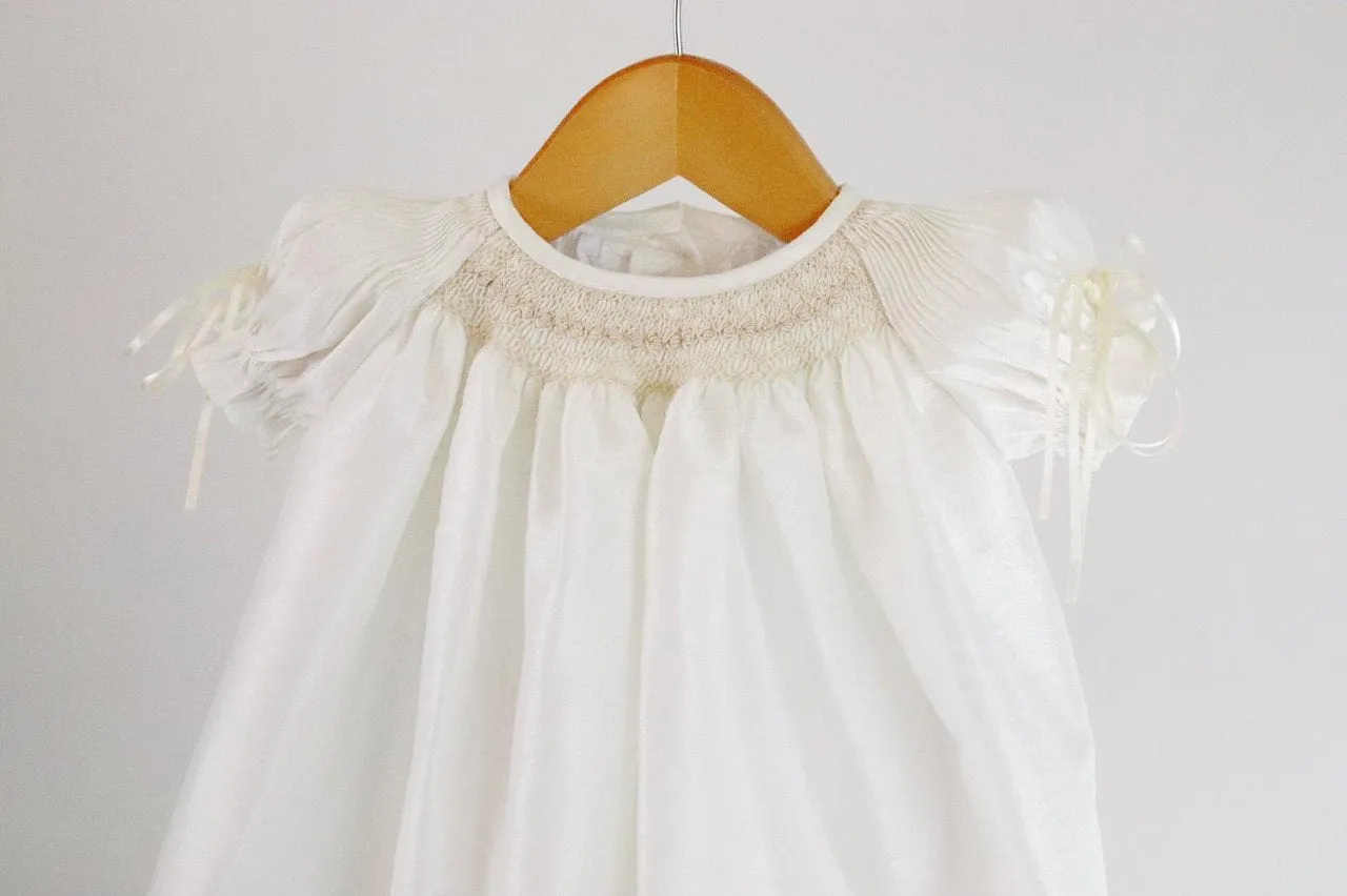 Long Ivory Christening Gown Girl  Shantung  Christening dress Blessing dress Baptism Gown Dedication Dress  Baby Gowns  Free Personalization