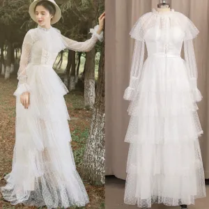 Long Sheer Sleeves Polka Dots Wedding Dress Retro Tiered Appliqued High Neck Vintage Muslim Tiered Tulle Bridal Gown Customized