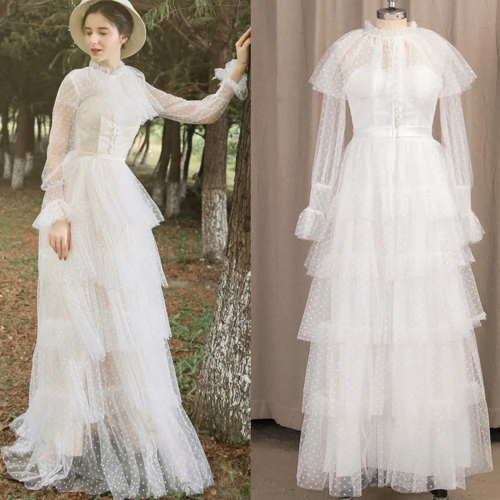 Long Sheer Sleeves Polka Dots Wedding Dress Retro Tiered Appliqued High Neck Vintage Muslim Tiered Tulle Bridal Gown Customized