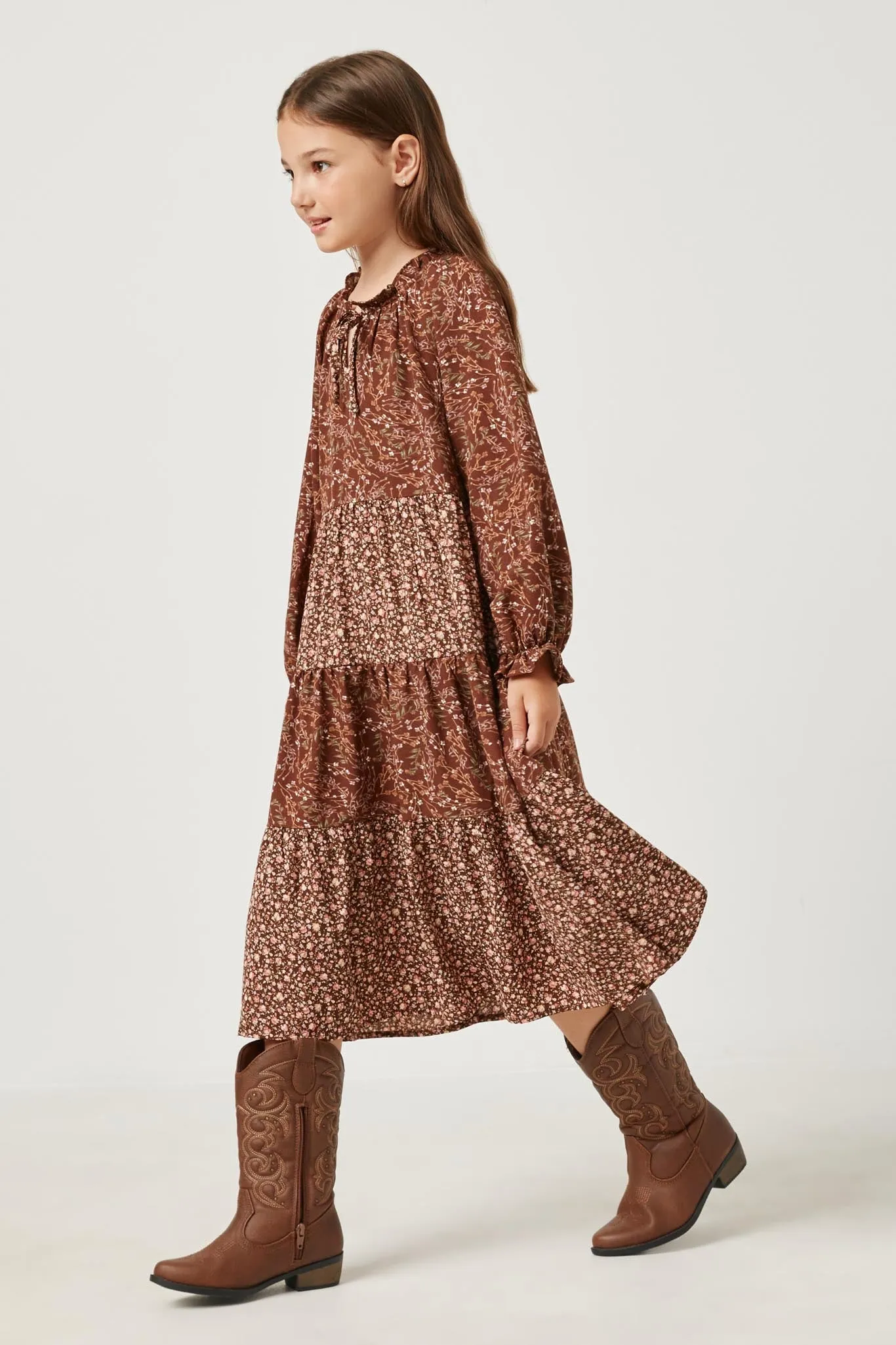 Long Sleeve Floral Ruffled Dress