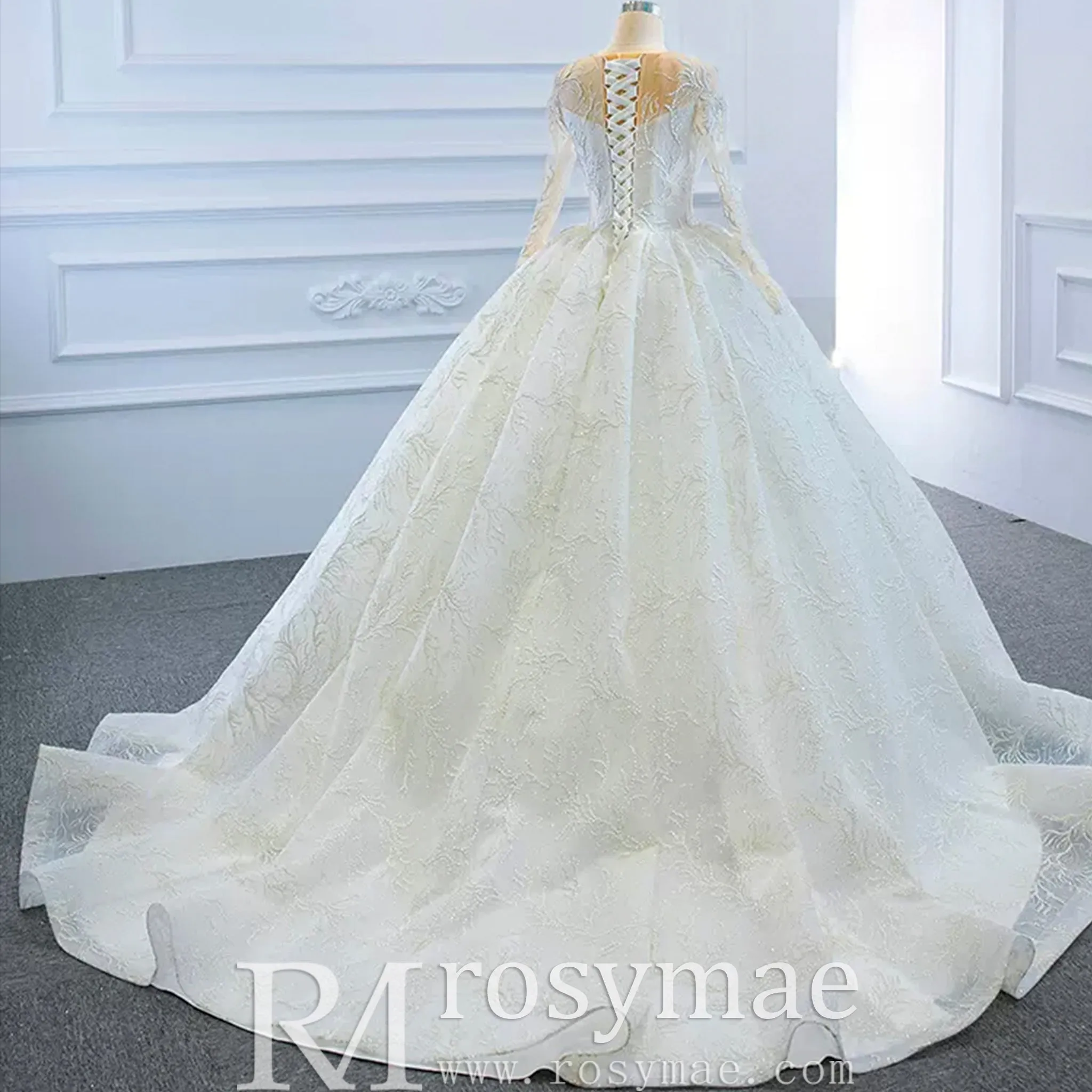 Long Sleeve Lace Puffy Wedding Dress Vintage Ball Gown