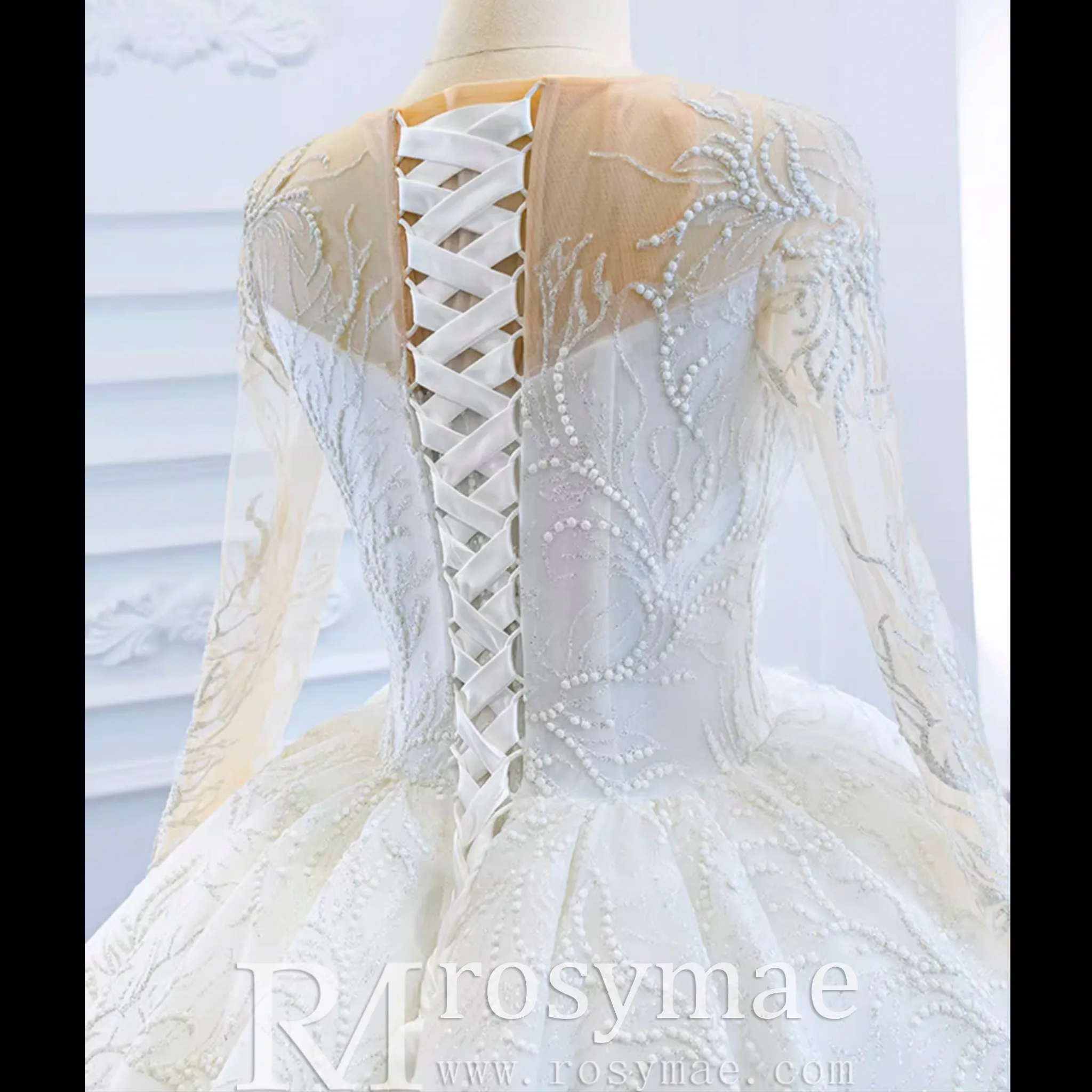 Long Sleeve Lace Puffy Wedding Dress Vintage Ball Gown