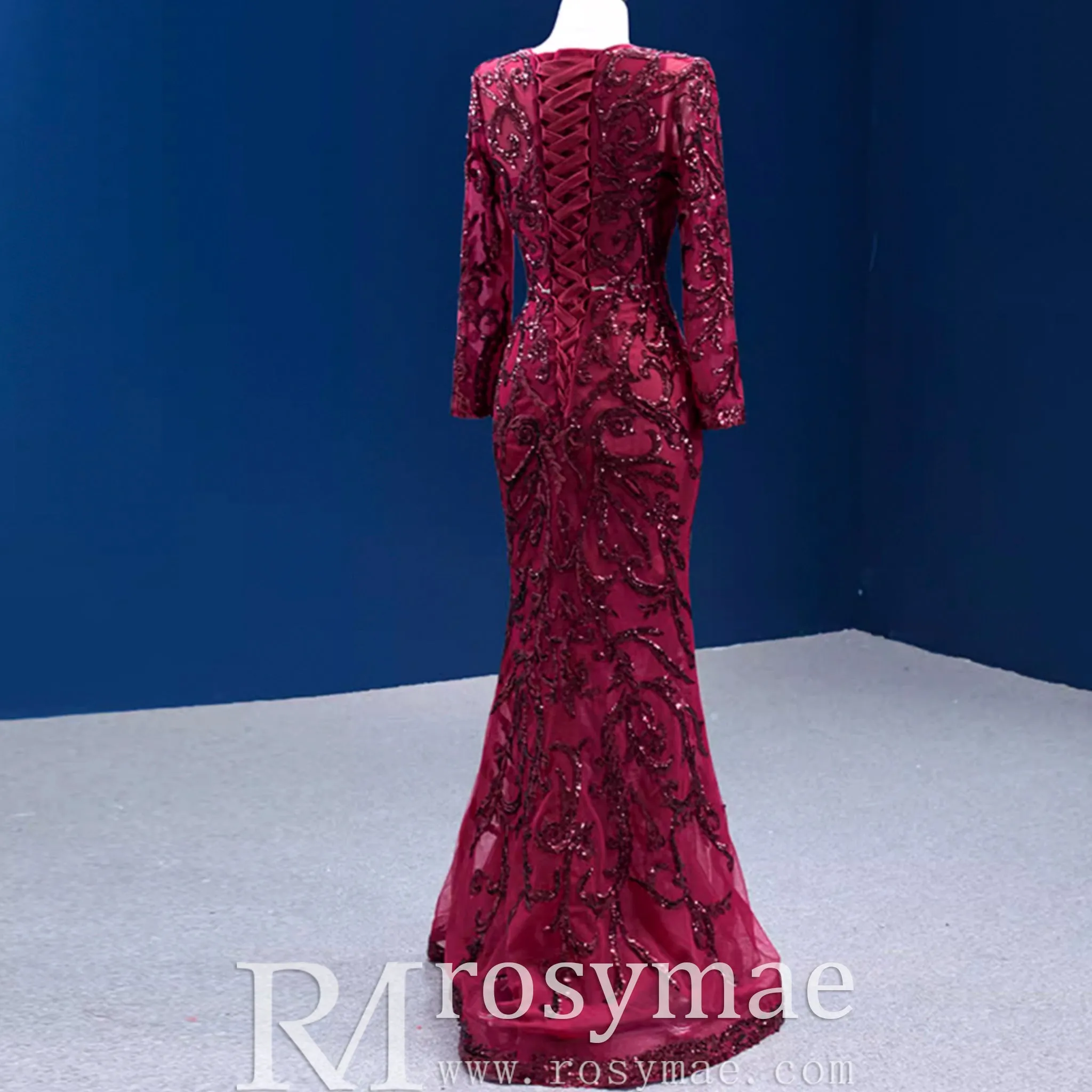 Long Sleeve Mermaid Tulle Sequins Prom Dress With Detachable Train