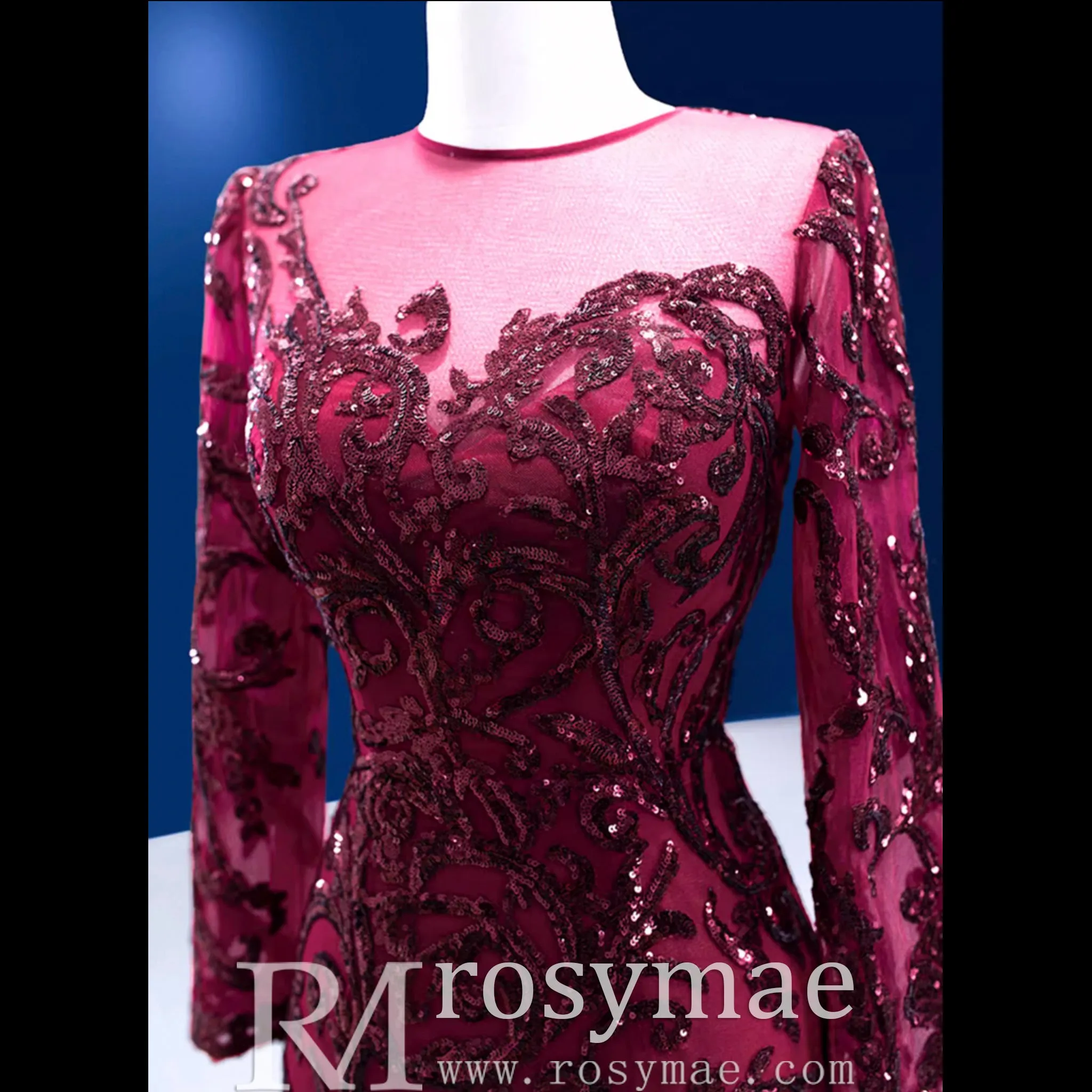 Long Sleeve Mermaid Tulle Sequins Prom Dress With Detachable Train
