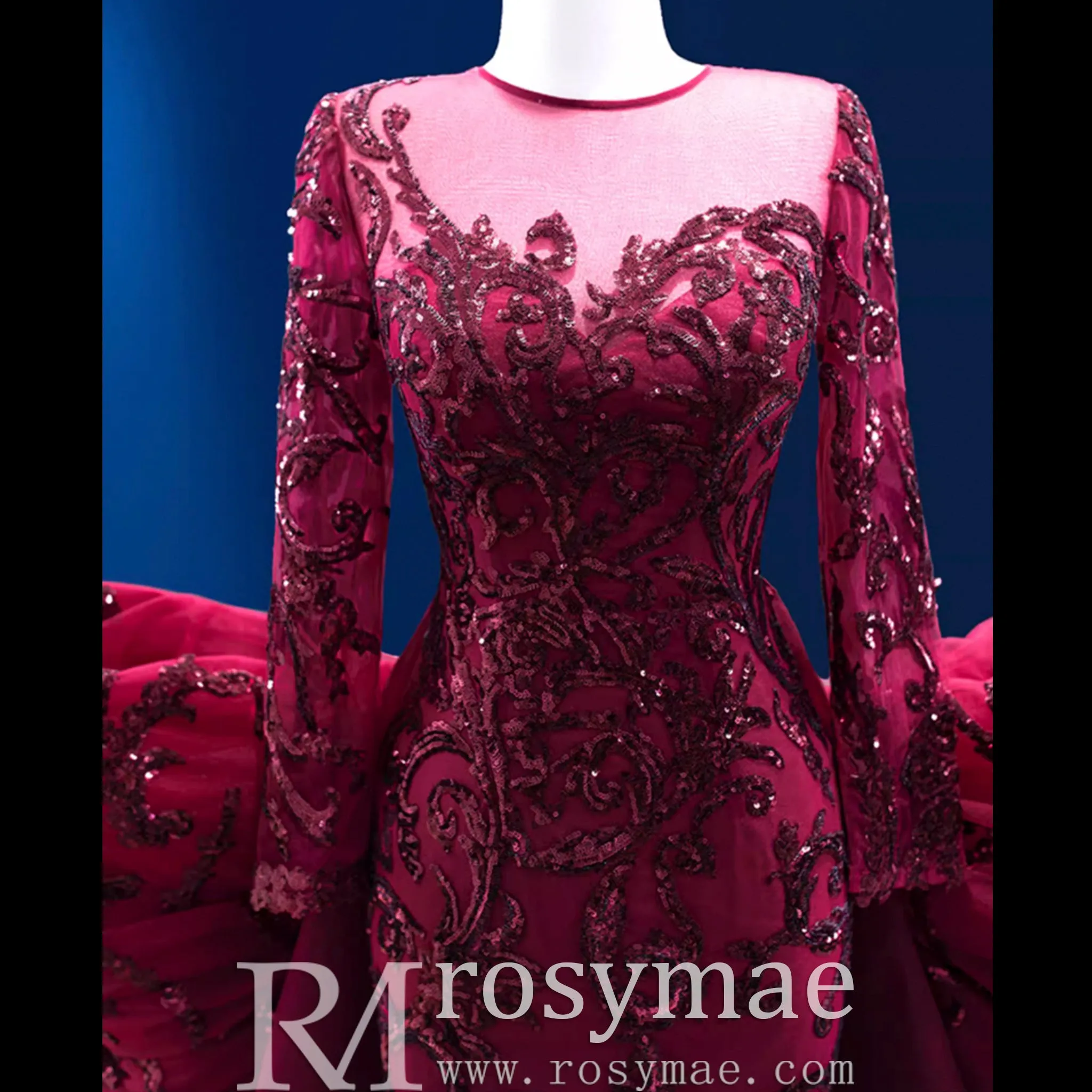 Long Sleeve Mermaid Tulle Sequins Prom Dress With Detachable Train