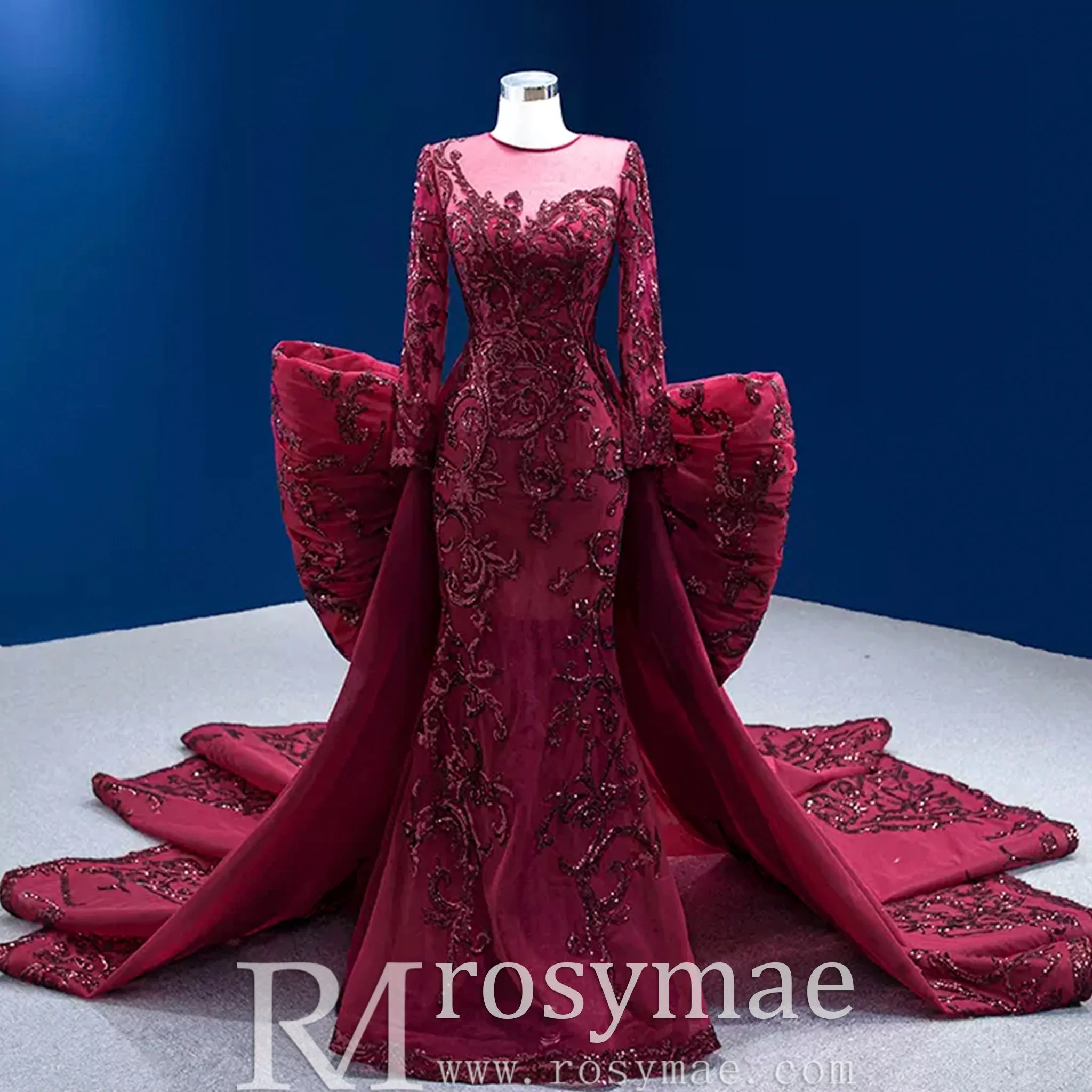 Long Sleeve Mermaid Tulle Sequins Prom Dress With Detachable Train