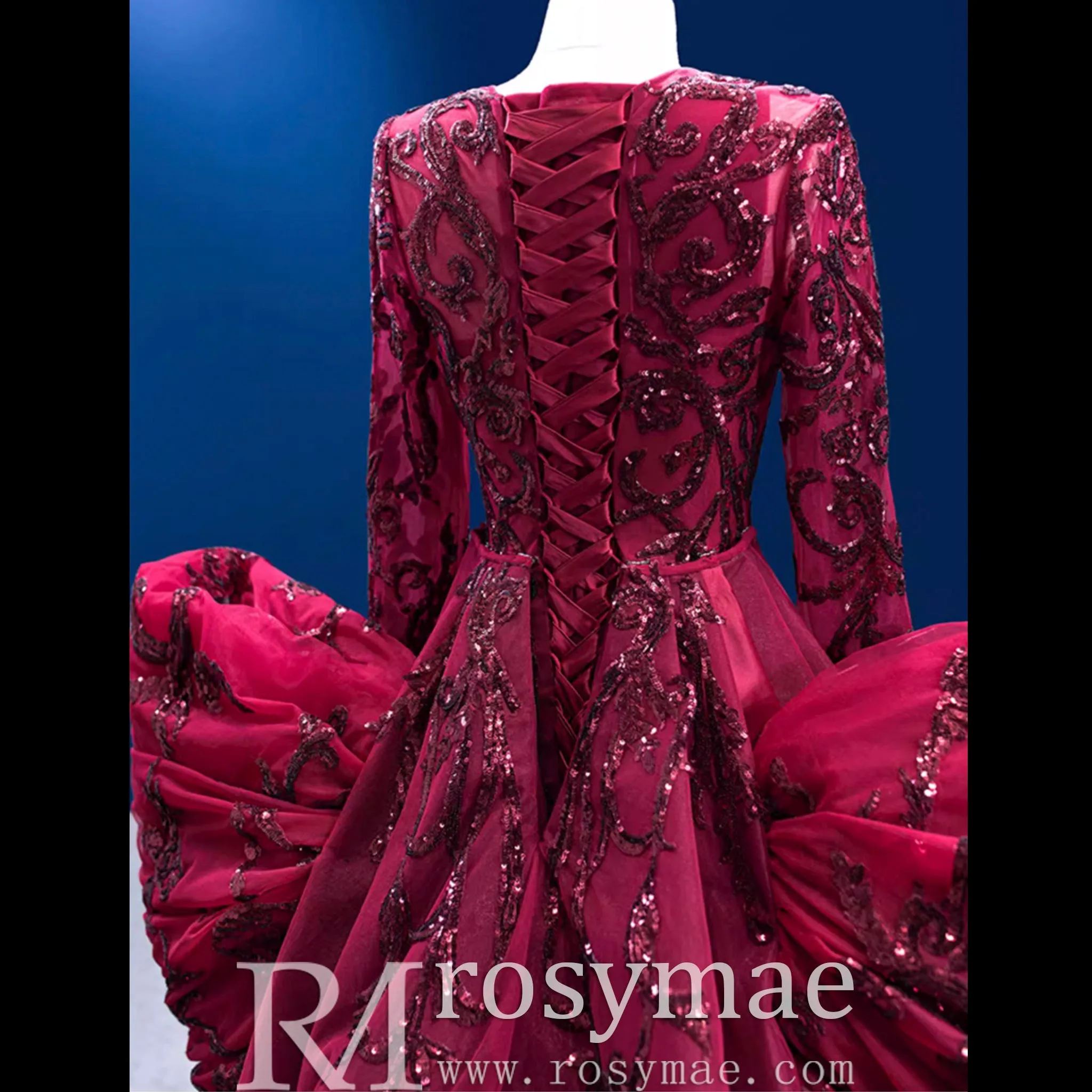 Long Sleeve Mermaid Tulle Sequins Prom Dress With Detachable Train