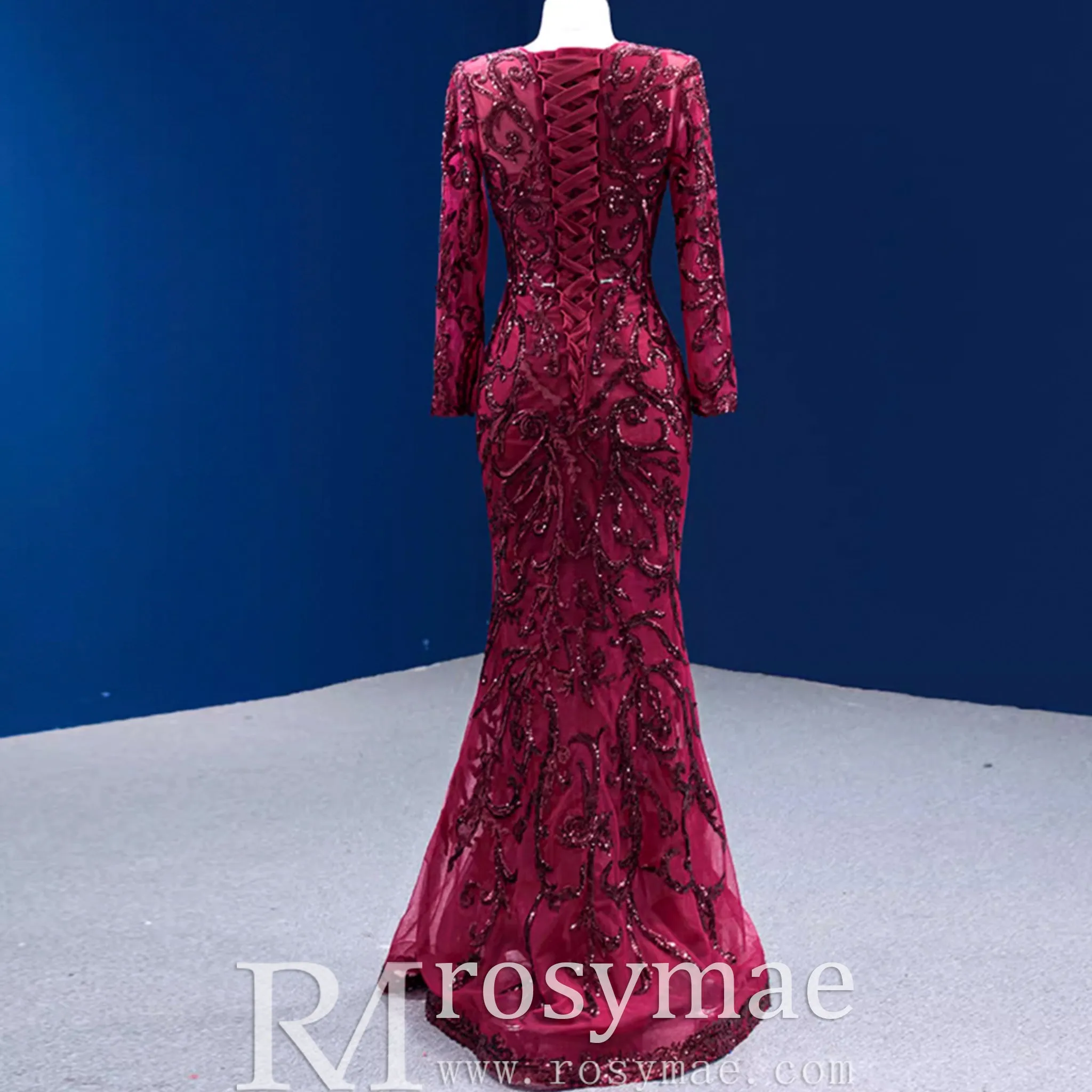 Long Sleeve Mermaid Tulle Sequins Prom Dress With Detachable Train