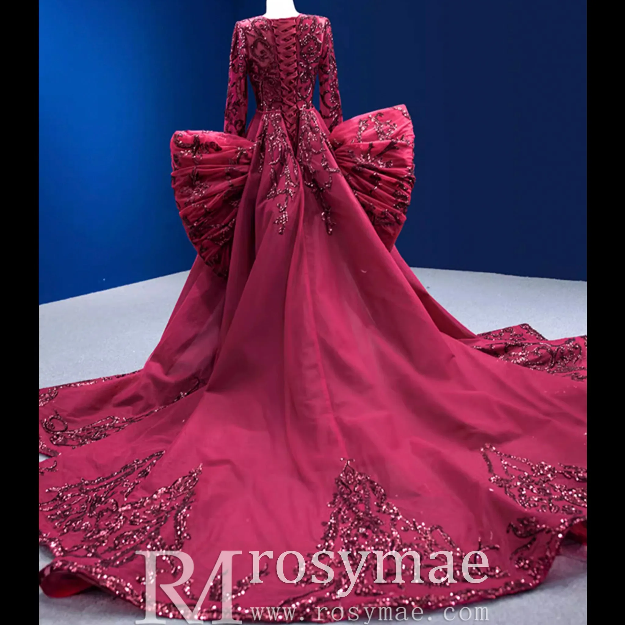 Long Sleeve Mermaid Tulle Sequins Prom Dress With Detachable Train