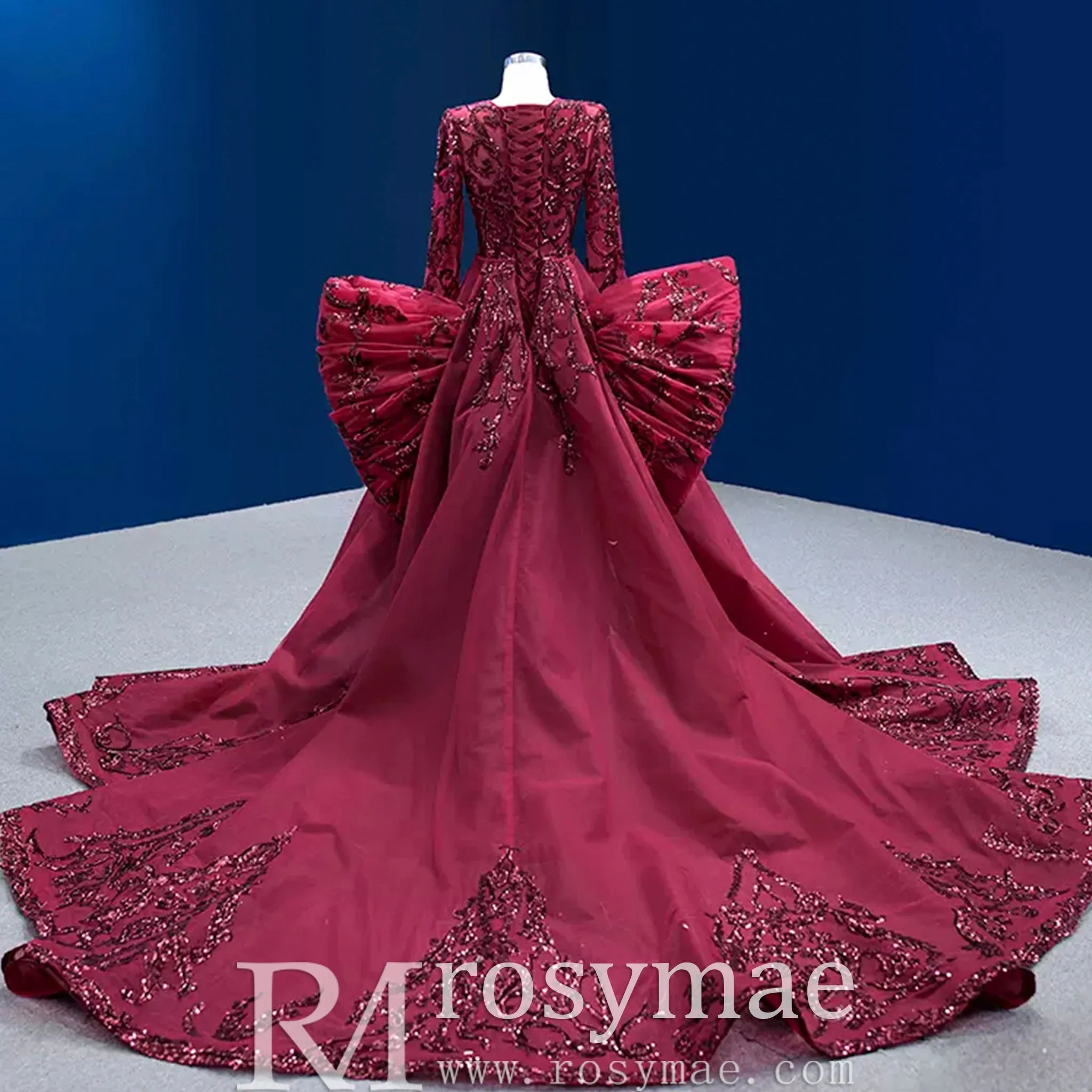 Long Sleeve Mermaid Tulle Sequins Prom Dress With Detachable Train