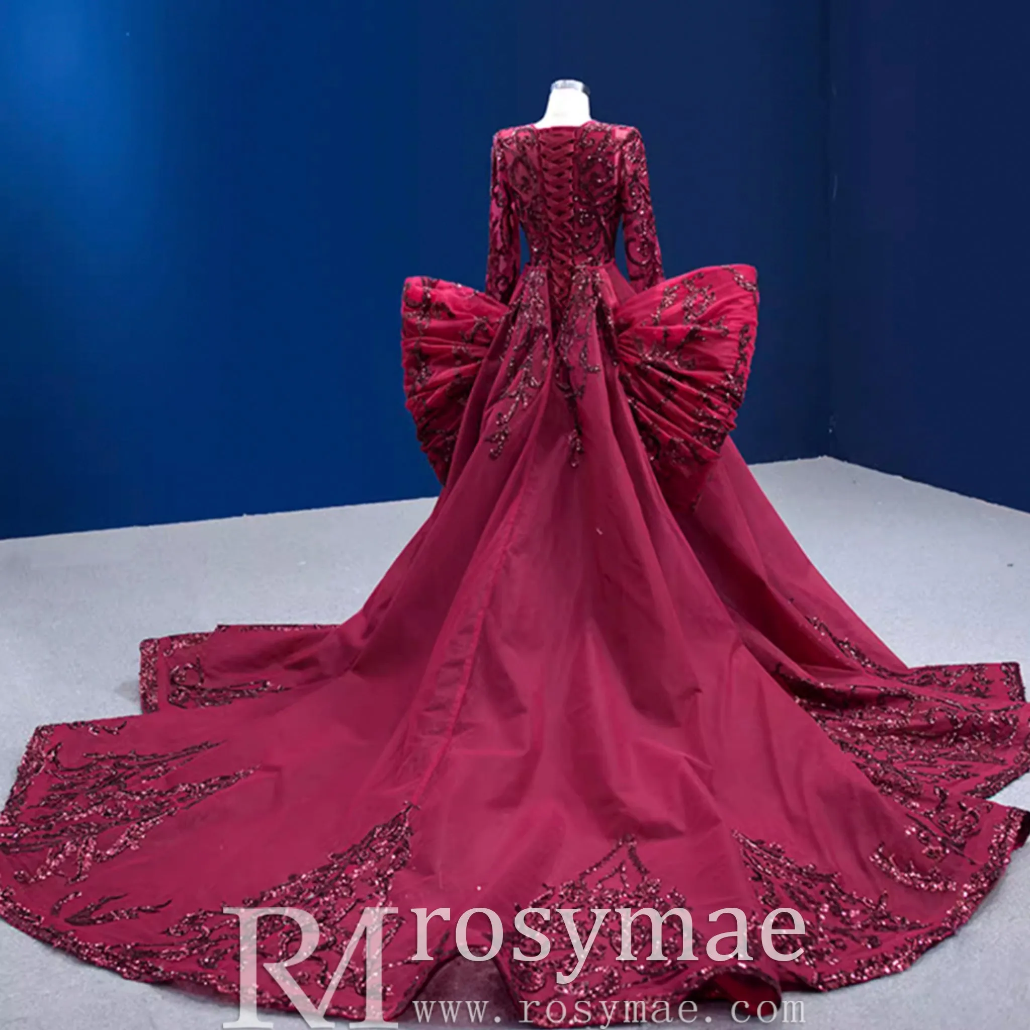 Long Sleeve Mermaid Tulle Sequins Prom Dress With Detachable Train