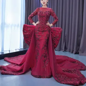 Long Sleeve Mermaid Tulle Sequins Prom Dress With Detachable Train