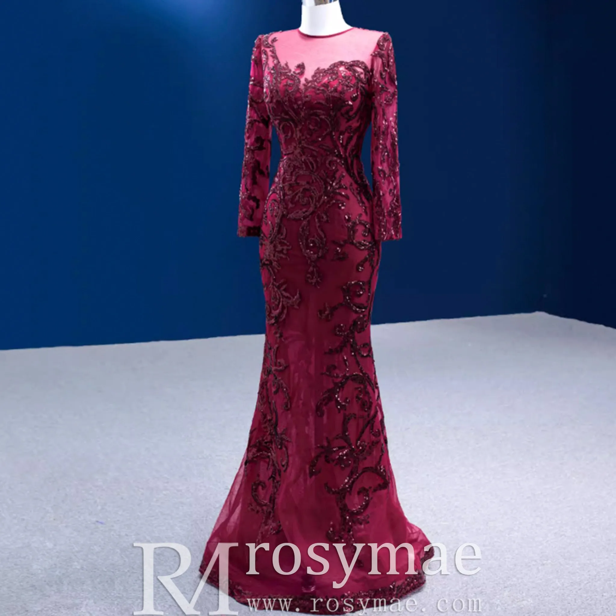 Long Sleeve Mermaid Tulle Sequins Prom Dress With Detachable Train
