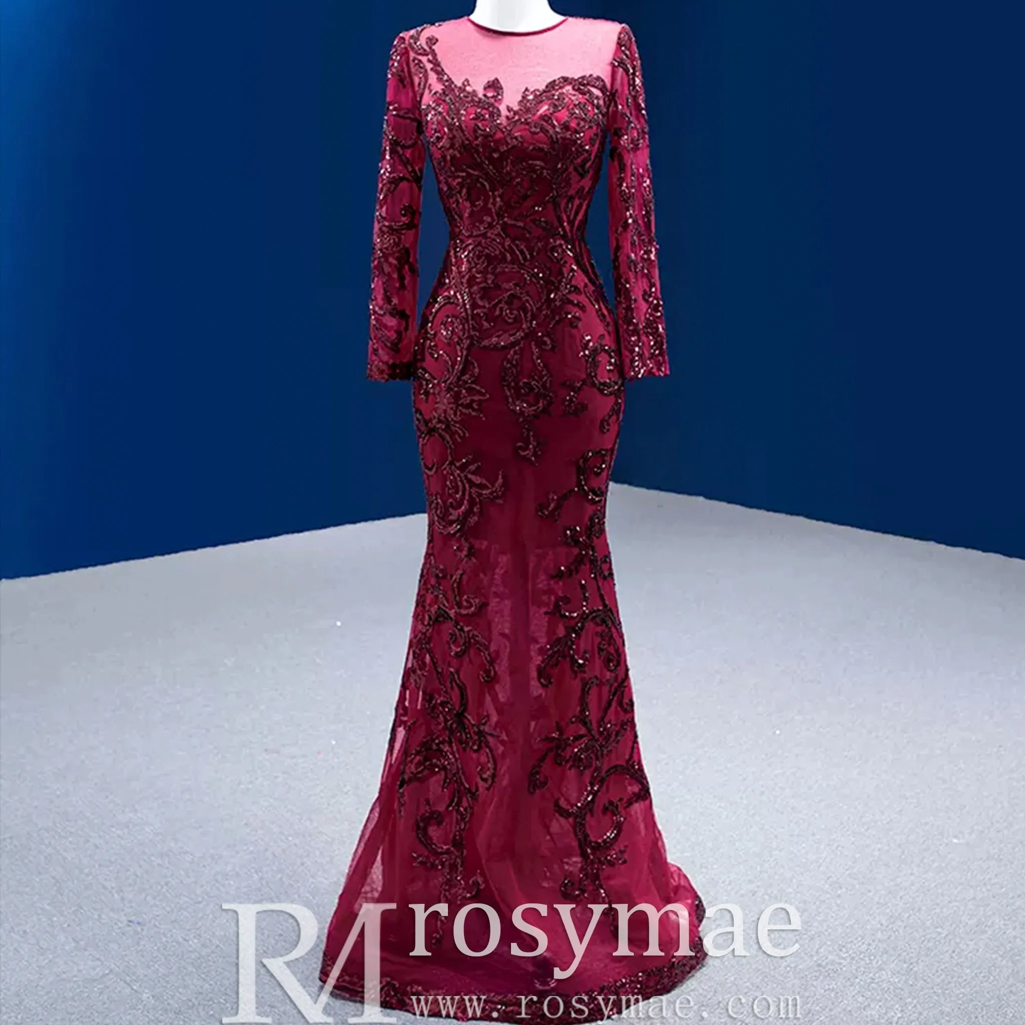 Long Sleeve Mermaid Tulle Sequins Prom Dress With Detachable Train