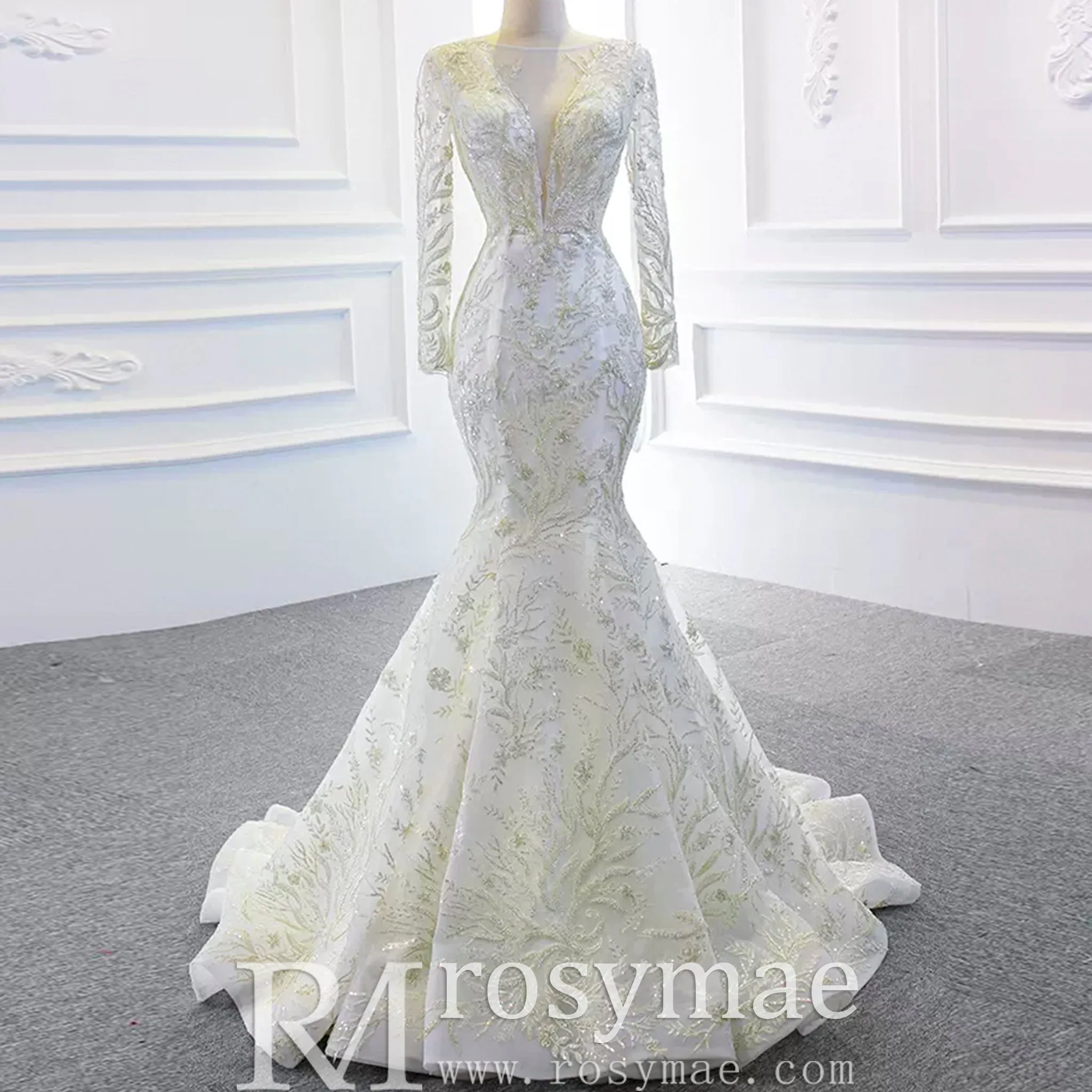 Long Sleeve Mermaid Wedding Dress with Detachable Skirt
