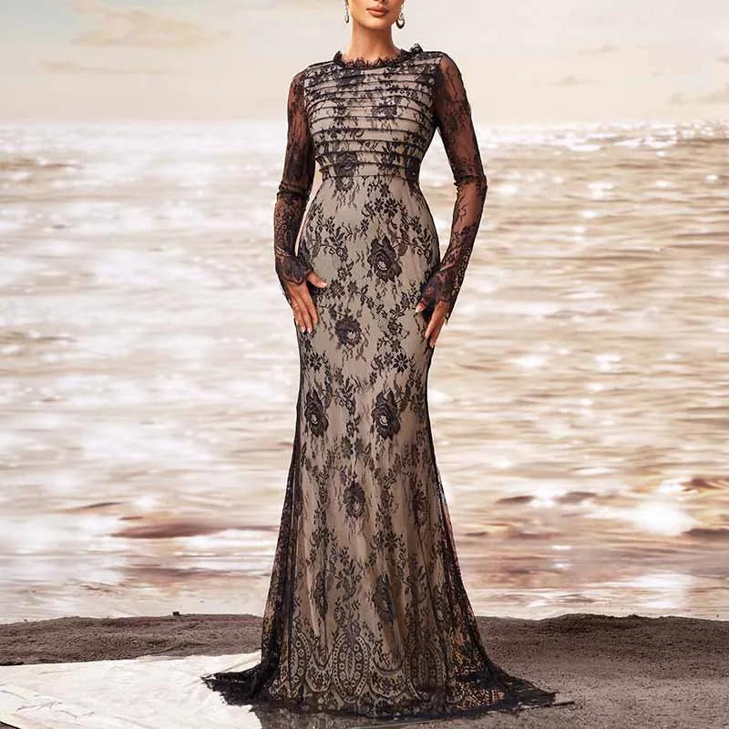 Long Sleeve Round-Neck Mermaid Black Sheer Mesh Prom Dress