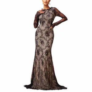 Long Sleeve Round-Neck Mermaid Black Sheer Mesh Prom Dress