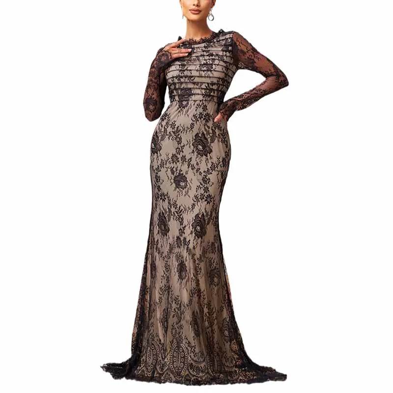 Long Sleeve Round-Neck Mermaid Black Sheer Mesh Prom Dress