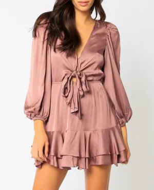 Long Sleeve Satin Tie Ruffle Hem Mini Dress