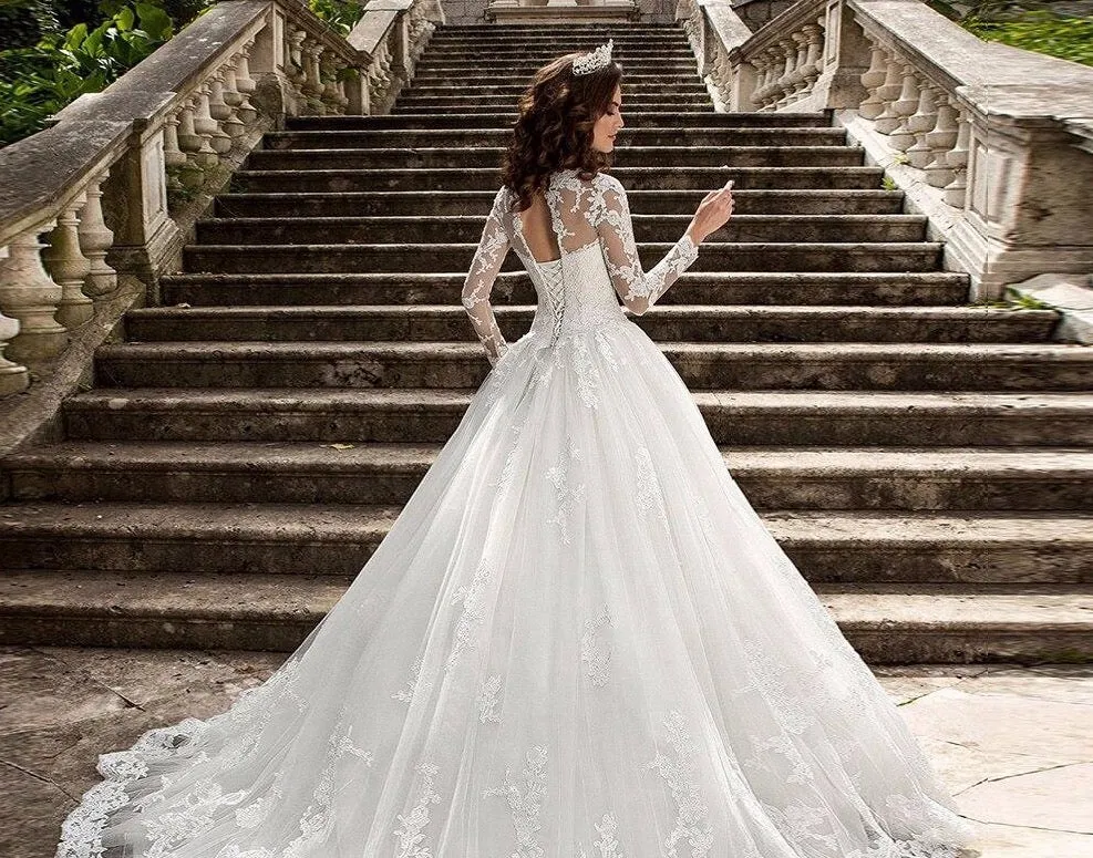 Long Sleeve Wedding Dresses Vestido De Novia Princesa All Over Appliques Princess Wedding Gowns