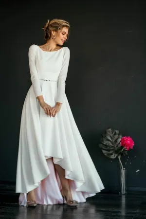 Long-sleeved High Low Wedding Gown Boat Neckline vestido de novia